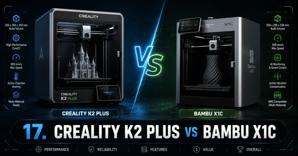 Creality K2 Plus vs Bambu Lab X1C: какой принтер выбрать в 2026 году