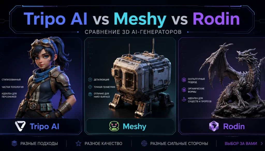Tripo AI vs Meshy vs Rodin: какой генератор 3D-моделей выбрать в 2026 году