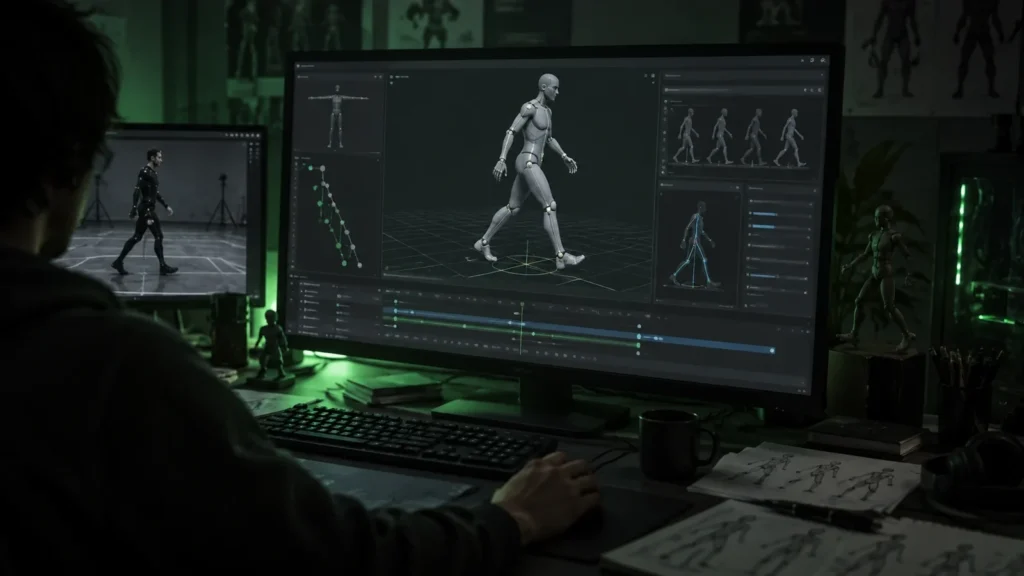 Скелет персонажа в движении. Анимация из Blender в UE5: скелет, ретаргет, движение