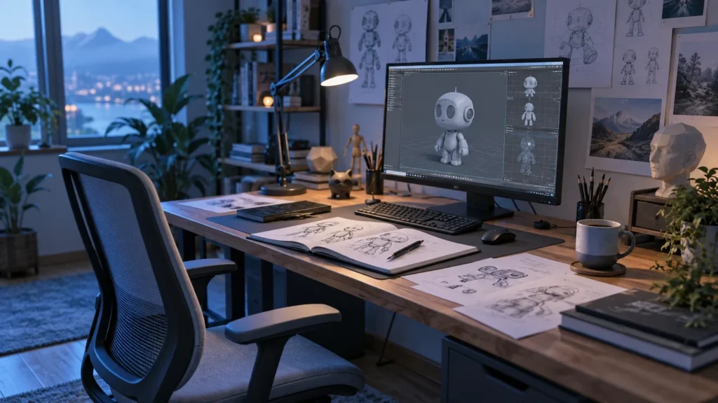 Рабочий стол новичка с первыми работами. Как стать 3D-художником с нуля: план на год по месяцам