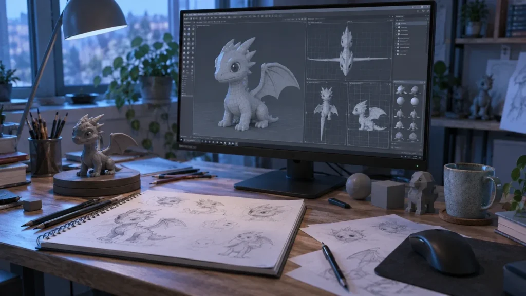 Рабочий стол новичка с первыми работами. Как стать 3D-художником с нуля: план на год по месяцам