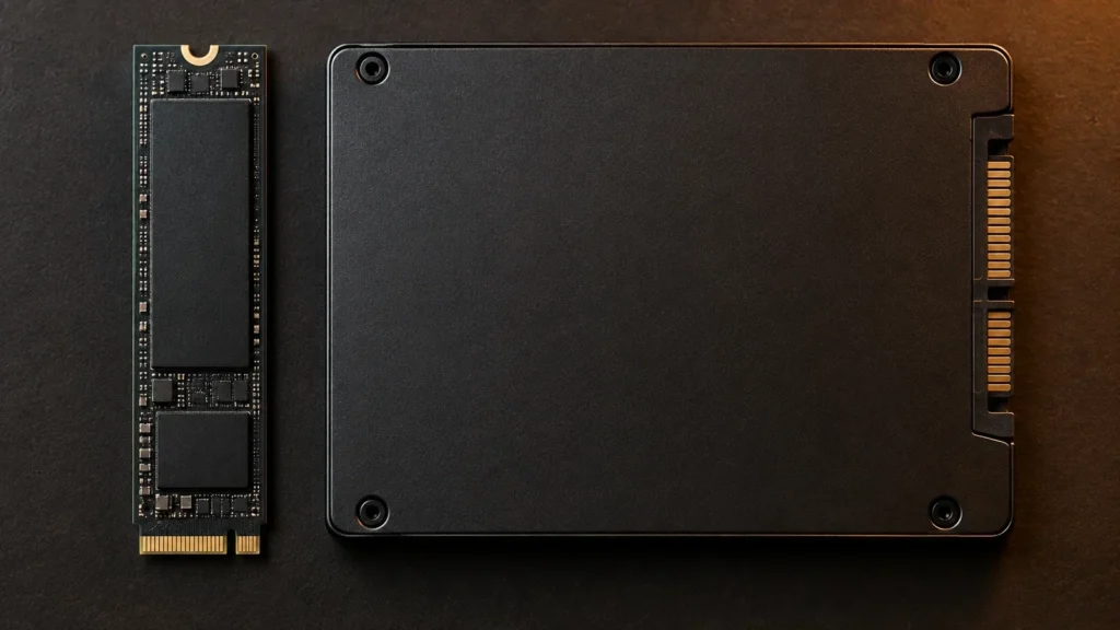 SSD для 3D: накопитель M.2 и диск SATA рядом, разница в размере и подключении