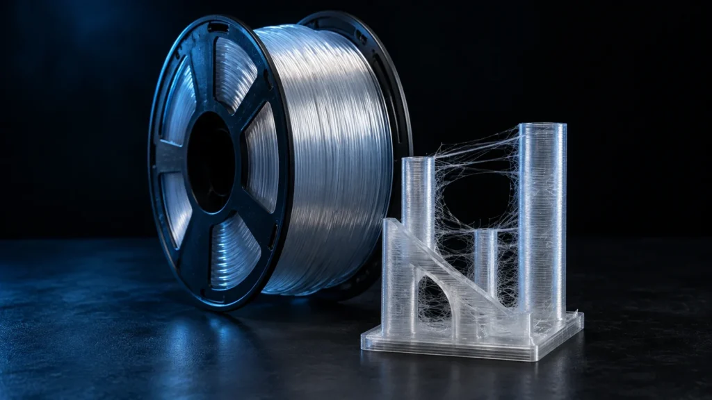 Катушка PETG и напечатанная деталь с паутиной. PETG: настройки, при которых он перестаёт капризничать