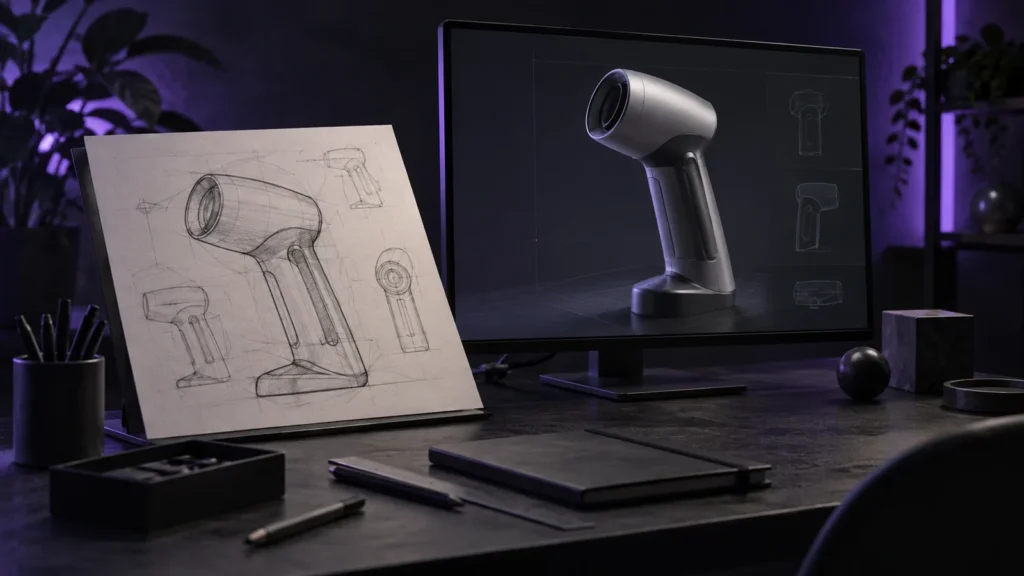 Скетч на бумаге рядом с трёхмерной моделью. Kaedim и подобные сервисы: 3D из скетча за деньги