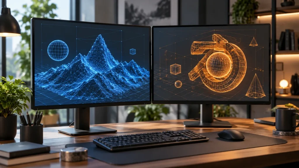 Maya или Blender: каркасные сцены на двух мониторах