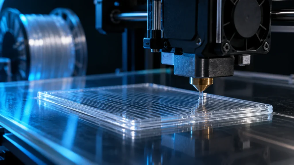 Принтер печатает прозрачную пластину из PETG параллельными линиями заполнения на гладком столе